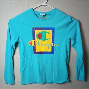 Vintage‎ Champion Long Sleeve Graphic Tee Colorful Logo Crew Neck Shirt Medium
